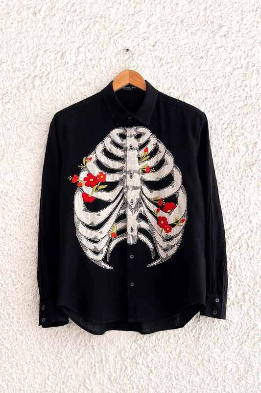 Shirtek Premium Black Skeleton Floral Embroidered Full Sleeve Casual Shirt for Men