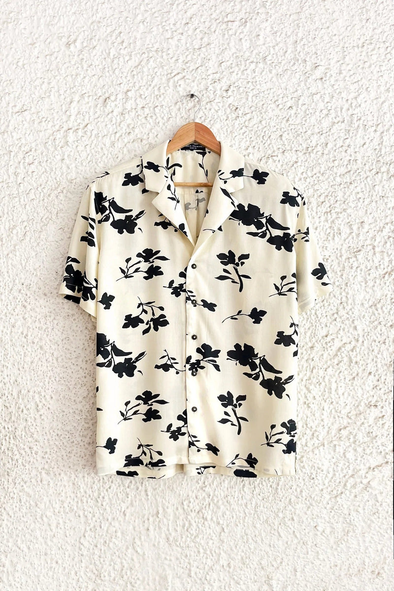 Shirtek Premium Cream Floral Print Cuban Collar Casual Half Sleeve Shirt for Men
